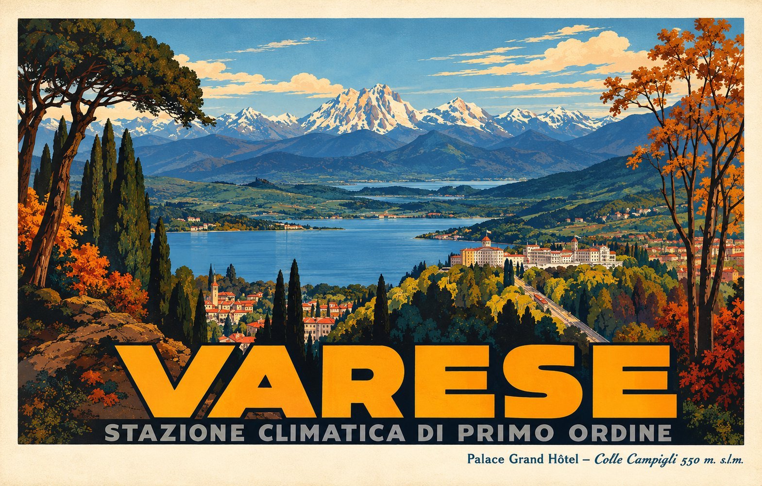 Manifesto in stile d'epoca: Varese, stazione climatica di primo ordine. Il lago, le Alpi e il Palace Grand Hôtel sul Colle Campigli